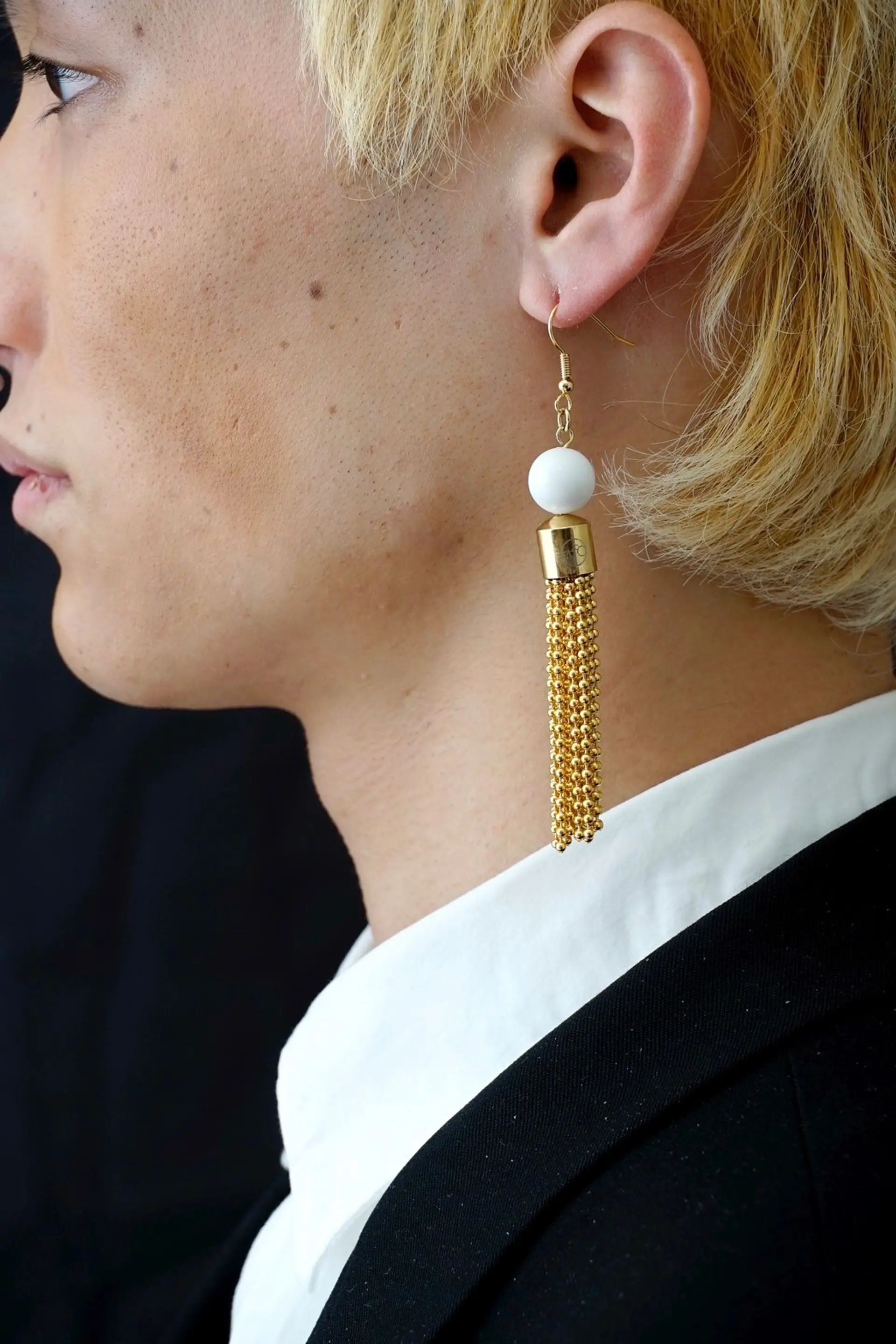 ball chain tassel earrings (white)