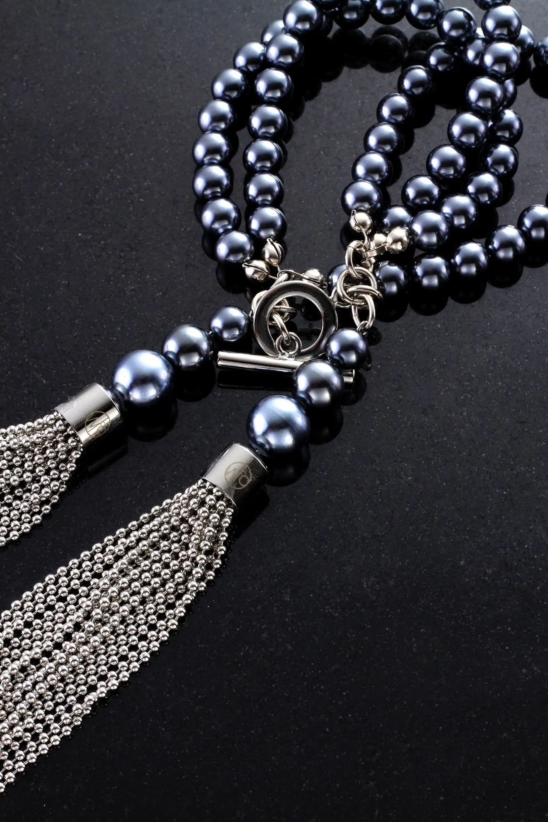 ball chain tassel three-strand bracelet (silver)